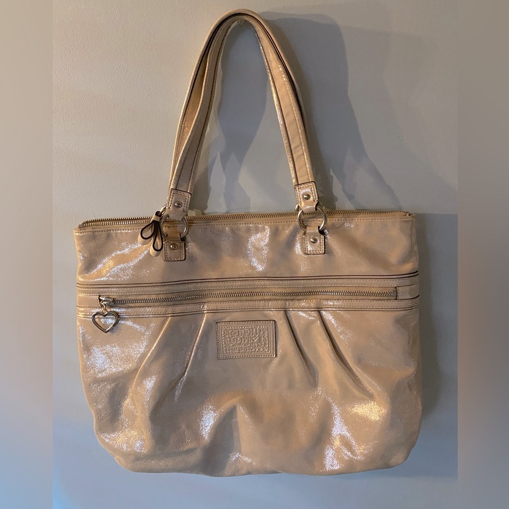 COACH BAG POPPY METALLIC GOLD CHAMPAGNE LEATHER LARGE TOTE #H1281-F20441.